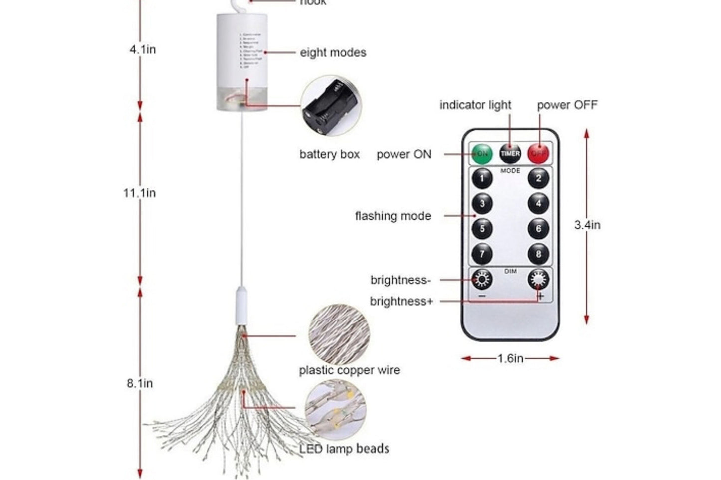 Hanging firework light warm light ornament. Battery operated use inside or outside.