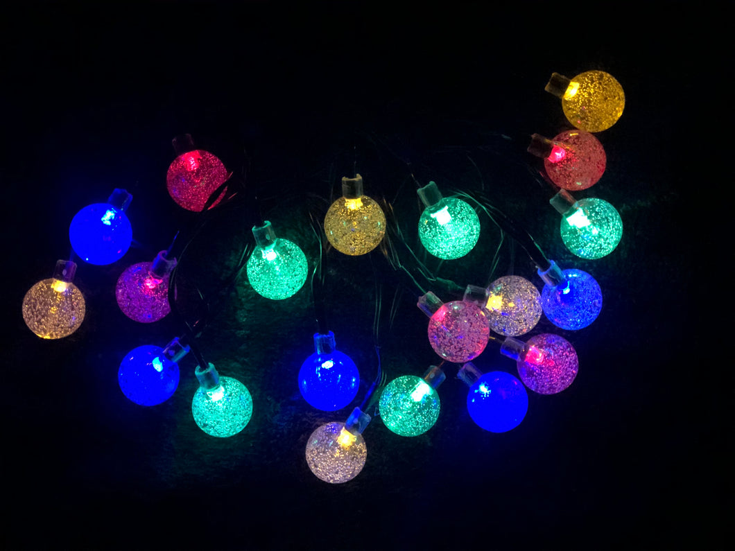 20 LED multi coloured globe fairy solar string outdoor lights.