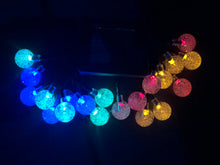 Load image into Gallery viewer, 20 LED multi coloured globe fairy solar string outdoor lights.

