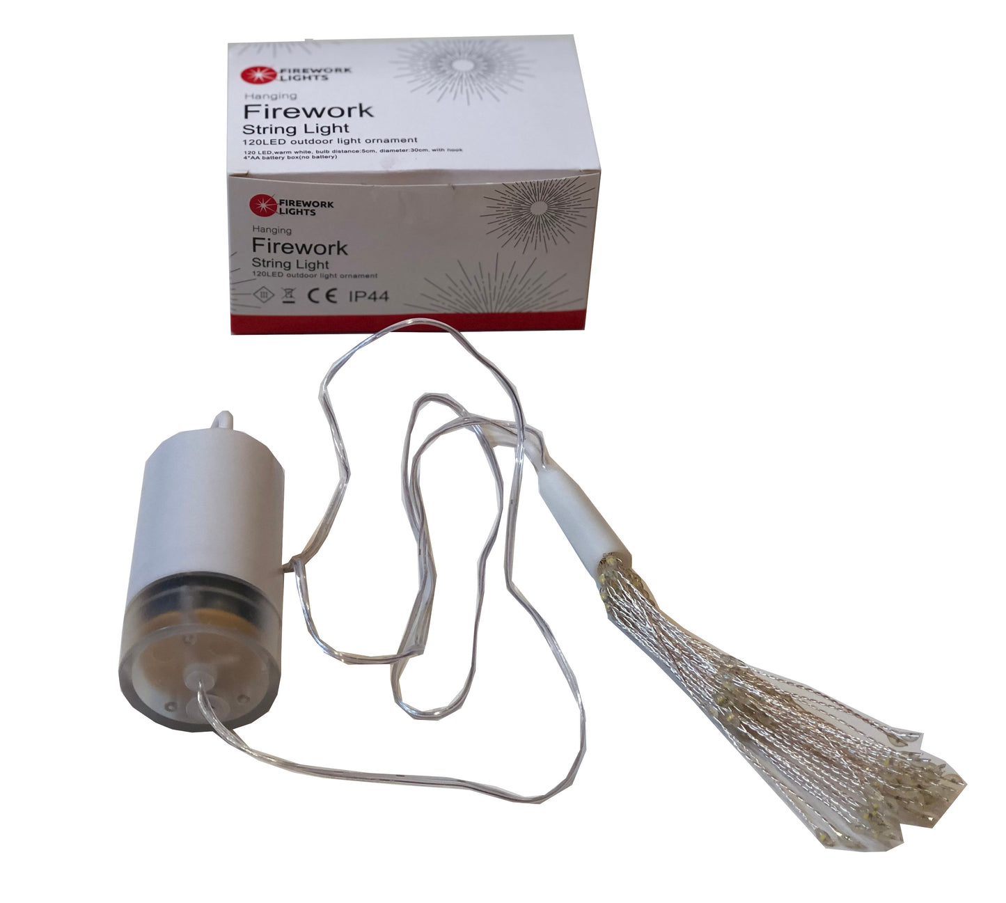 Hanging firework light warm light ornament. Battery operated use inside or outside.