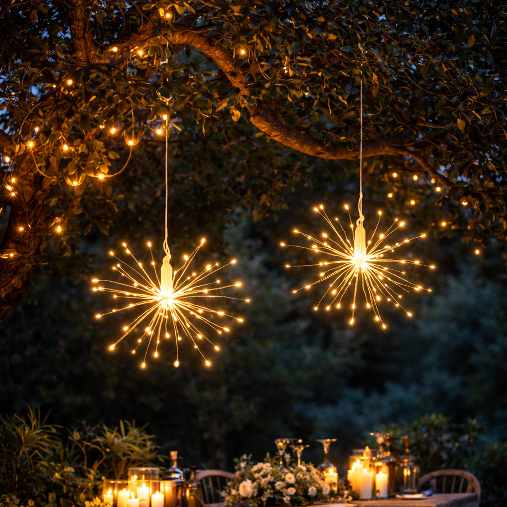 Hanging firework light warm light ornament. Battery operated use inside or outside.