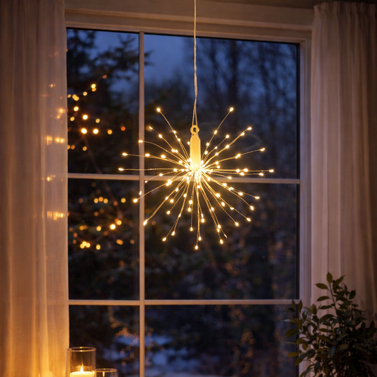 Hanging firework light warm light ornament. Battery operated use inside or outside.