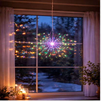 Hanging firework Multi coloured light ornament. Battery operated use inside or outside.