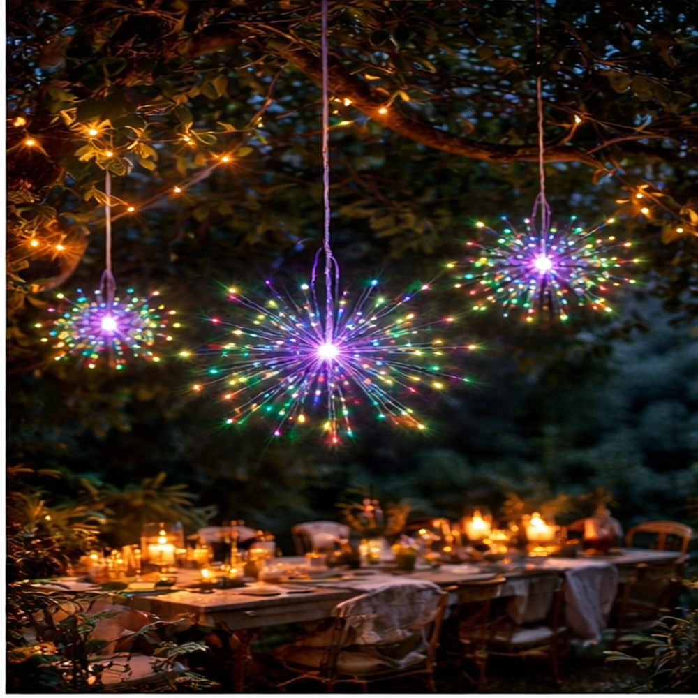 Hanging firework Multi coloured light ornament. Battery operated use inside or outside.