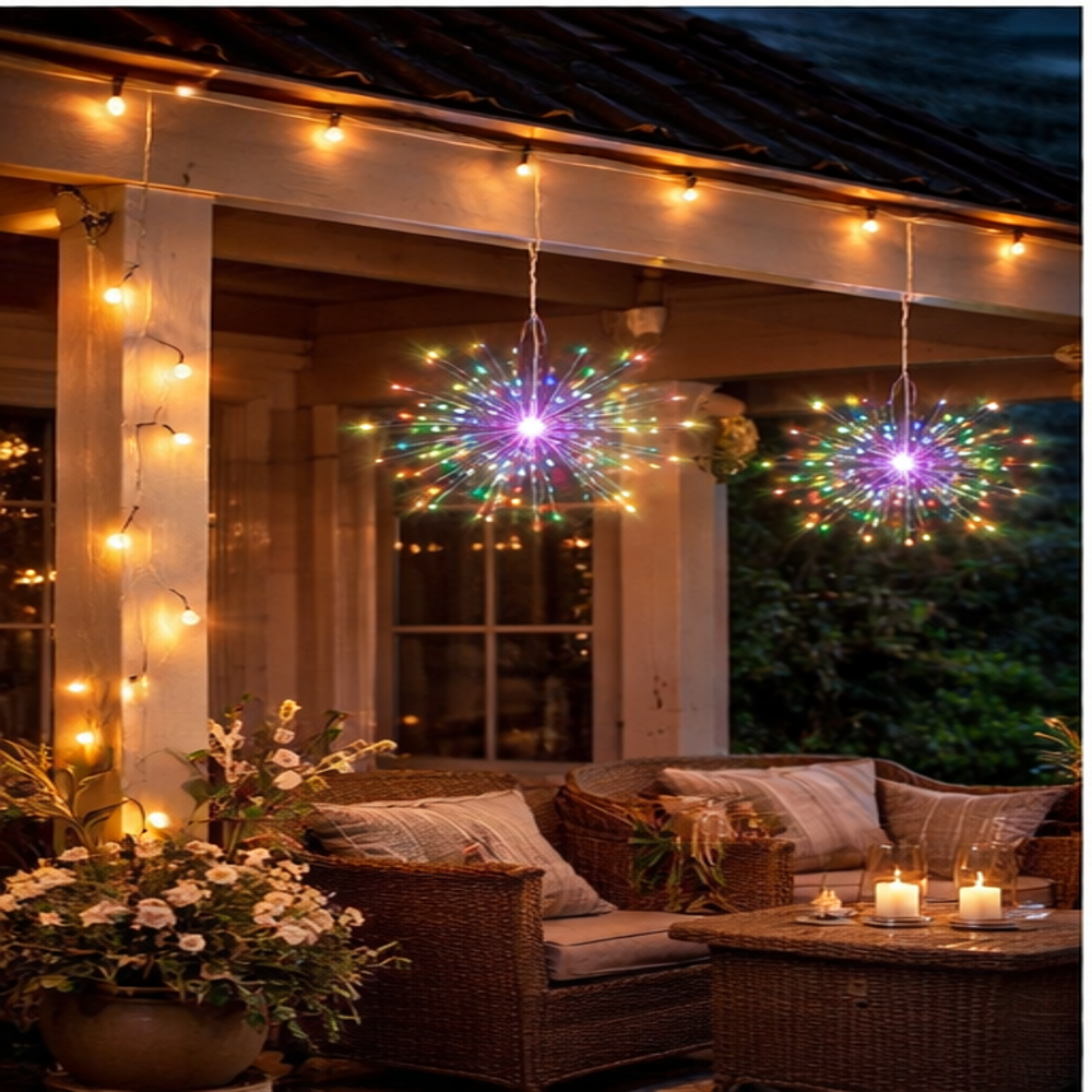 Hanging firework Multi coloured light ornament. Battery operated use inside or outside.