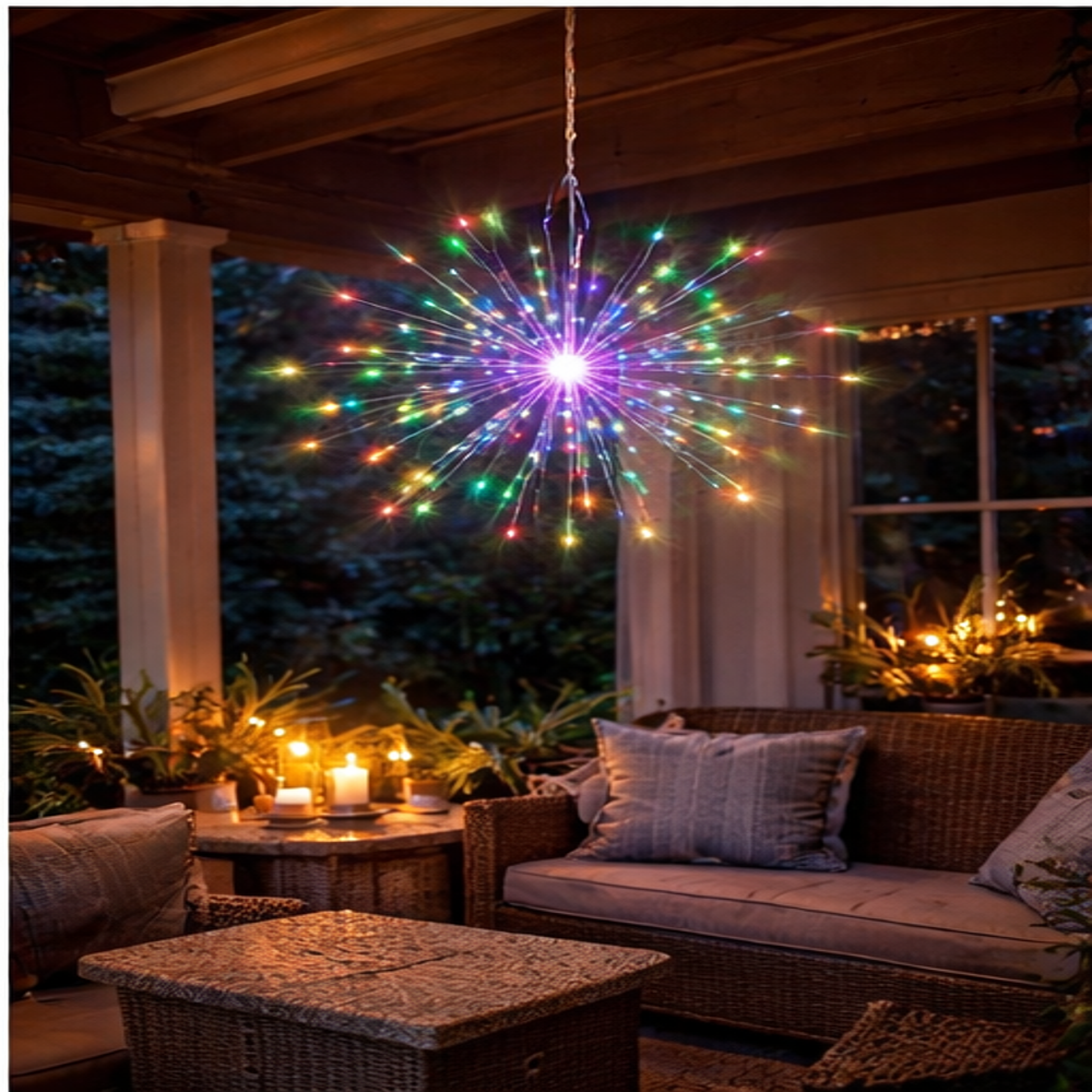 Hanging firework Multi coloured light ornament. Battery operated use inside or outside.