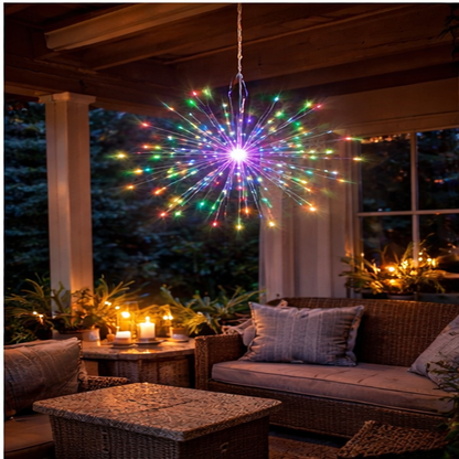 Hanging firework Multi coloured light ornament. Battery operated use inside or outside.