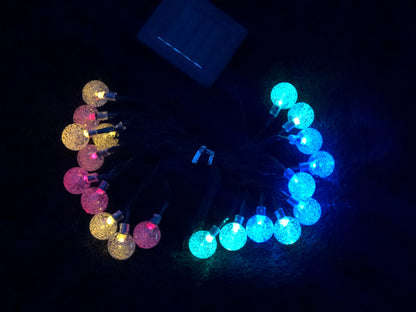 20 LED multi coloured globe fairy solar string outdoor lights.