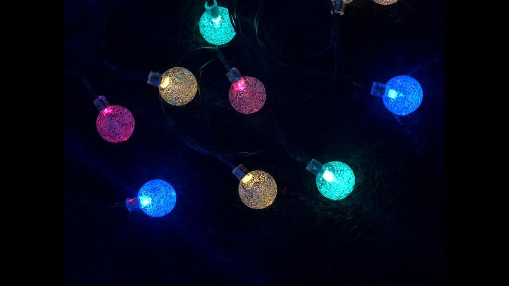 20 LED multi coloured globe fairy solar string outdoor lights.